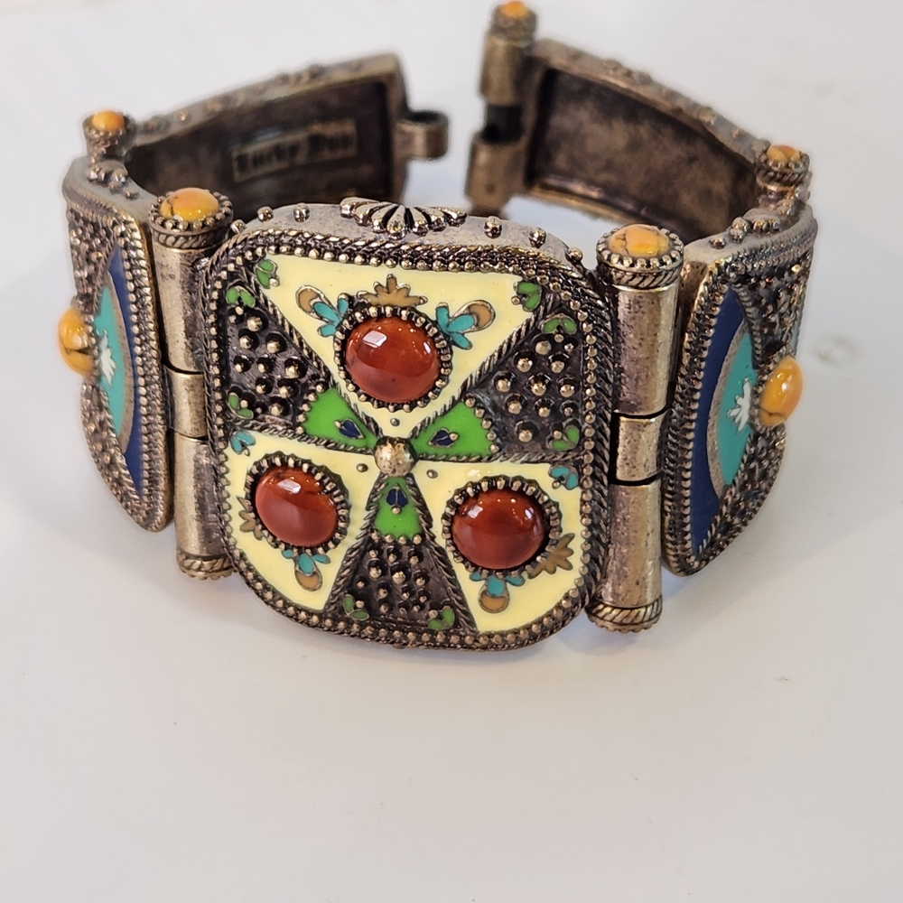 vtg lucky you metal brass multicolored enameled mosaic hinged bracelet costume